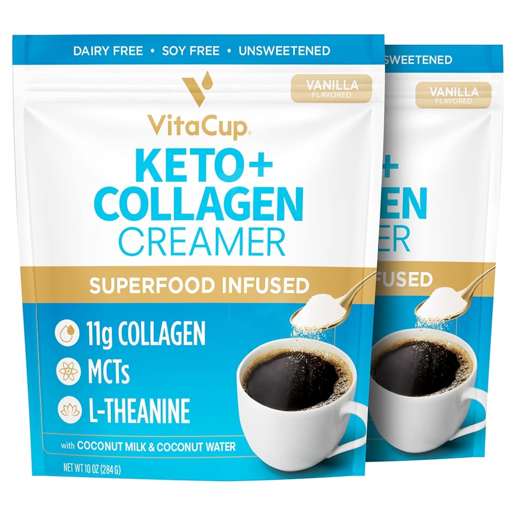VitaCup Keto + コラージュコーヒークリームバニラフレーバーw / MCT、コラージュ蛋白質、ココナッツウォーター、Ketoダイエット、コーヒー、スムージー、シェイクス、乳液フリー、グルテンフリー、2袋、各10oz