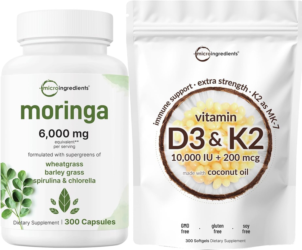 マイクロ成分ビタミンD3 10,000iu + K2 200mcgココナッツオイルSoftgels & Moringa Oleifera 6,000mg相当300カプセルバンドル2パック | エッセンシャルサンシャインビタミン | 抗酸化サプリメント
