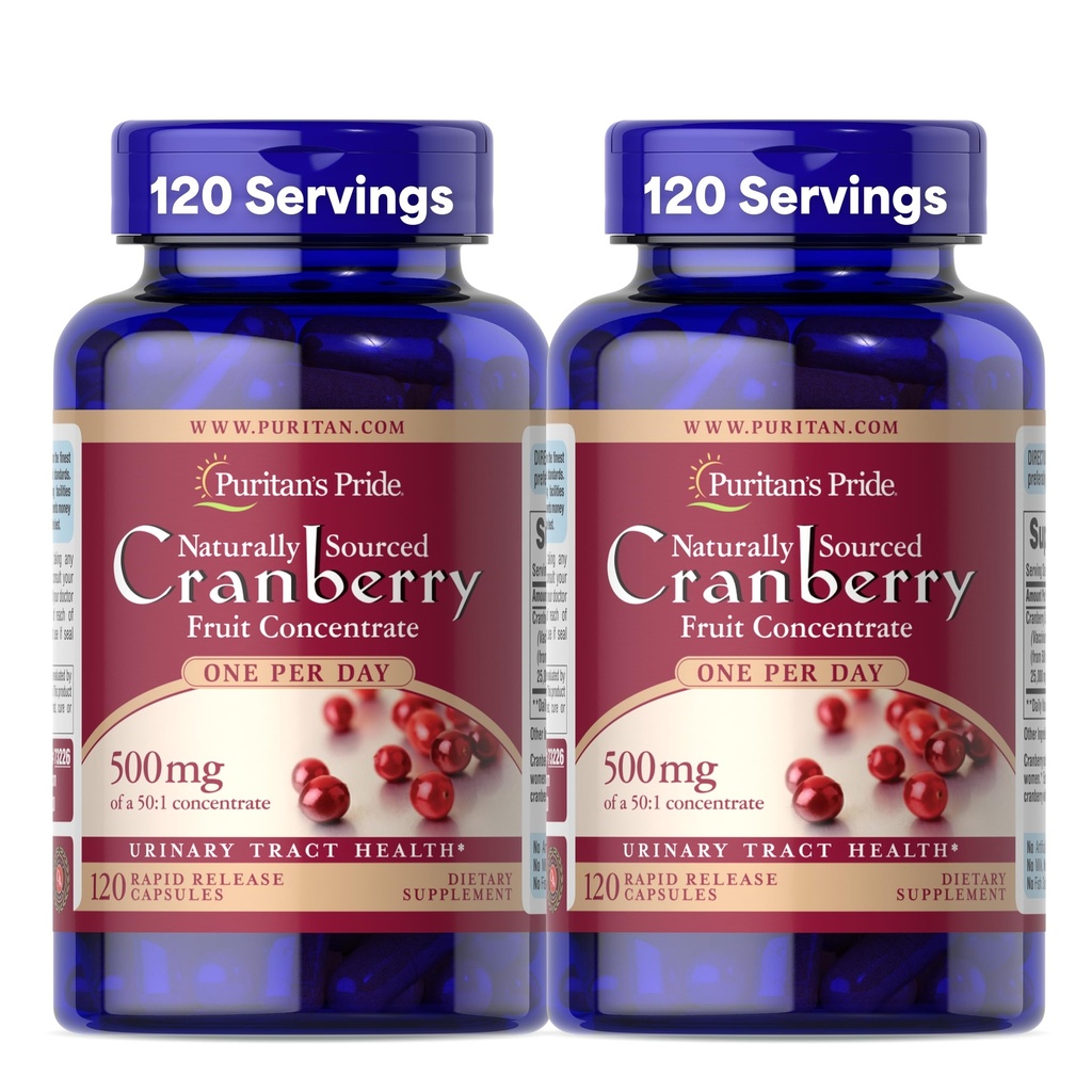 Puritan's Pride Naturally Sourced Cranberry One Per Day フルーツコンセントレート500mg、50:1 尿路のサポートのための栄養補助食品、4ヶ月の供給、120急速なリリースカプセル、2パック