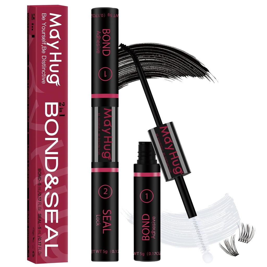 Mayhug Lash Bond and Seal Waterproof Lash Glue Long Lasting 72H Strong Hold Eyelash Glue for Clusters 2 in 1 Adhesive and Sealant DIY Lash Extension (5ml+5ml)