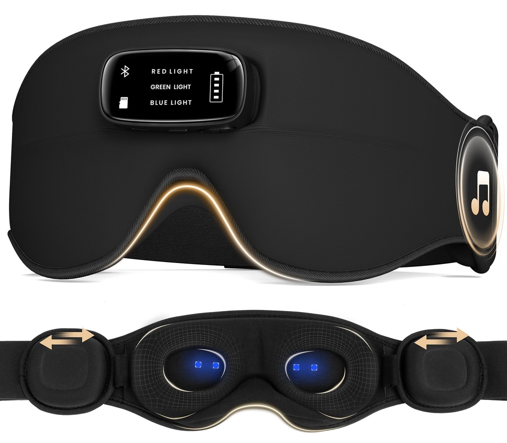 LC-dolida Pro Bluetooth Sleep Mask with White Noise & 3-Colored Lights, Upgraded Chip for Pure Sound, 3D Zero-Pressure Design for Side Sleeping, Total Blackout & Soft Contour, Black