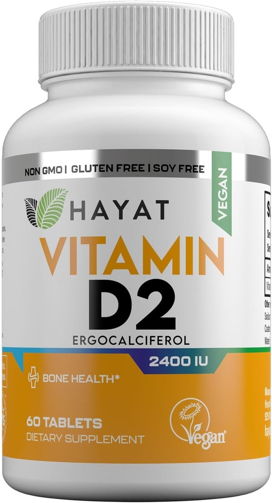 HAYATのビタミンのビーガンビタミンD2 2400 IU (60 MCG)、骨のための食事療法の補足、歯、筋肉および免疫の健康サポート、2か月の供給、すべての自然な、証明されたハラール、米国で作られる60のタブレット