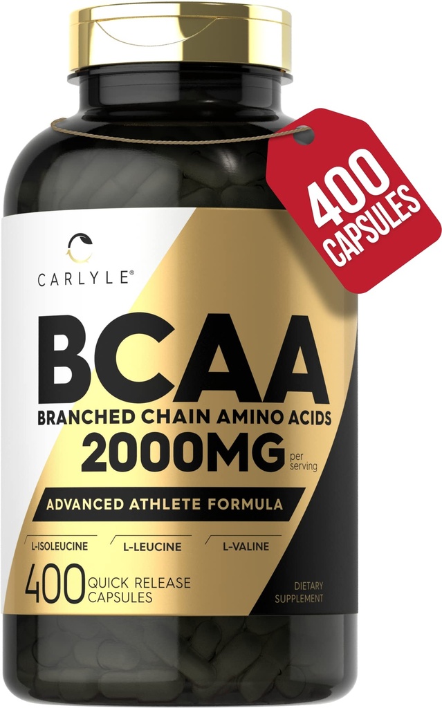 キャラリアBCAAカプセル | 2000mg | 400 パウダーピル | アミノ酸サプリメントブレンド | 女性用・男性用 | L-イソロイシン、L-ロイシン、L-ヴァリン付き | 非GMOとグルテンフリー
