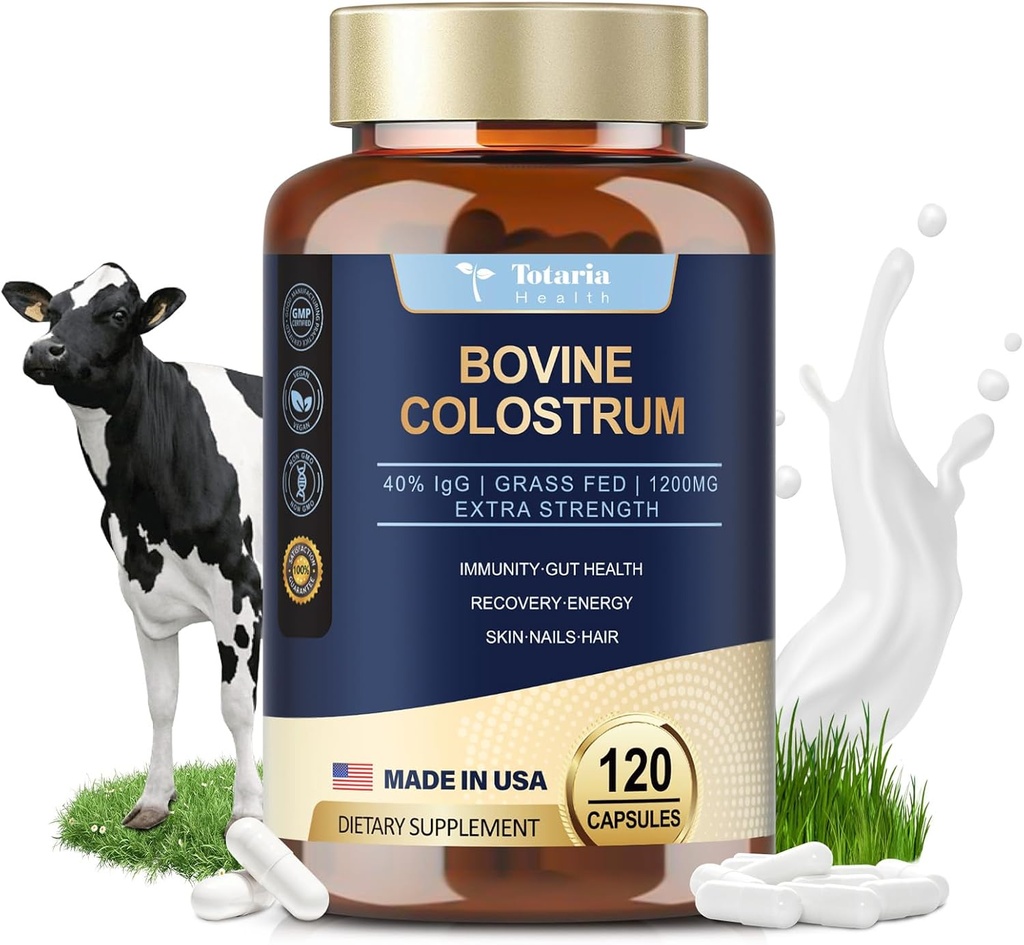 Totaria Bovine Colostrum Supplement Capsule for Gut Health, Hair Growth, Beauty and Immune Support - USA Farm Grass Fed - No fillers, GMP認定Calostro Bovino para Adultos Organico, 60 サービング