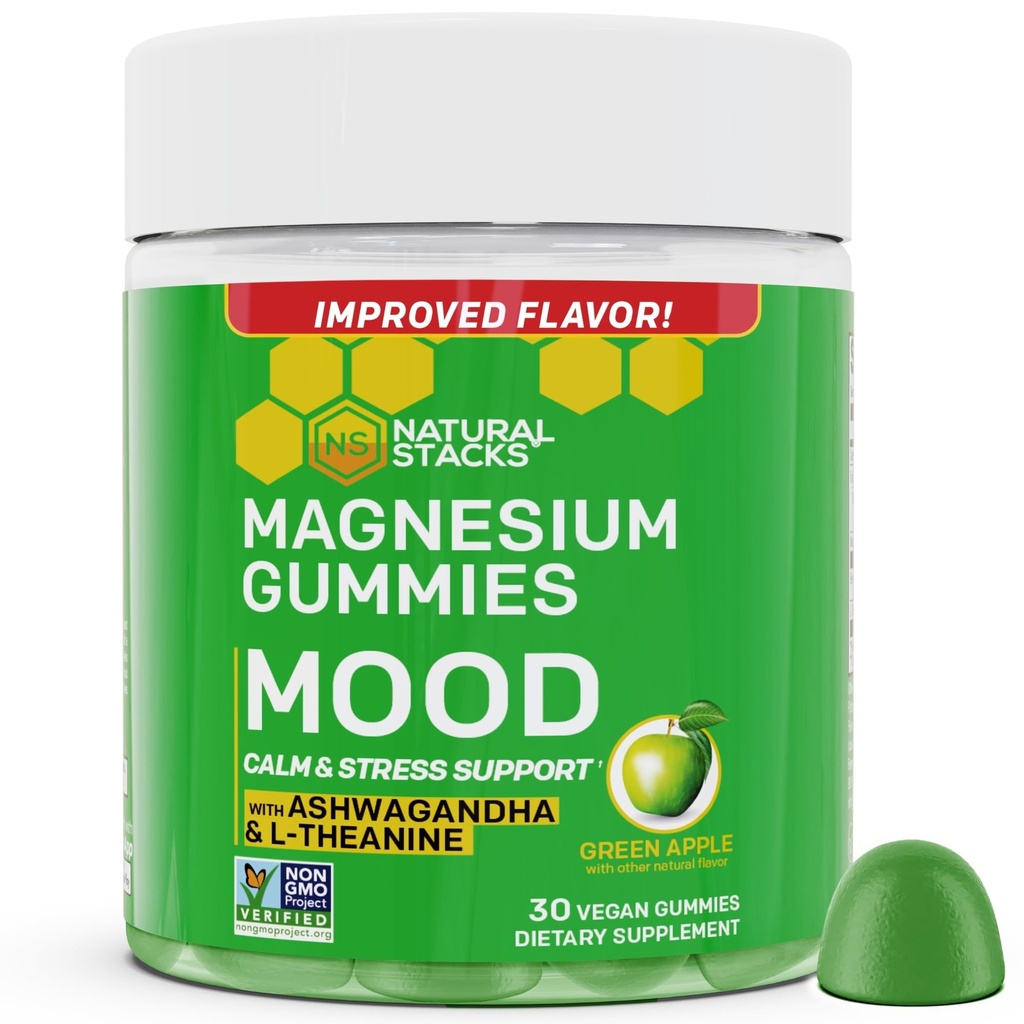 気分のマグネシウムのグミ - 200mgのマグネシウムのクエン酸塩及び125mgのSteril Ashwagandhaのグミ - Calm及び圧力サポートのためのLのテアニンと-マグのクエン酸塩およびAshwagandhaの補足- 30の緑のAppleのChewables