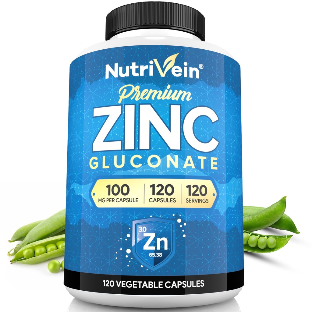 Nutriveinの優れた亜鉛グルコネート100mg - 120のカプセル:全ボディ ウェルビーイングのための高吸収亜鉛グルコネートの補足-ウェルネスのための必須要素