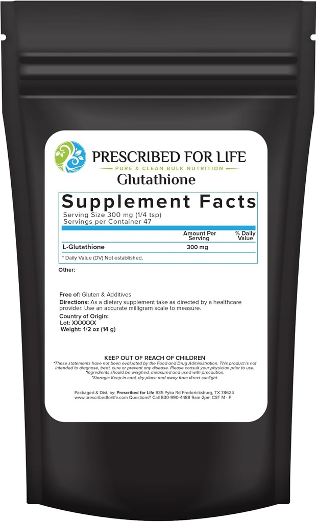 Prescribed For Life L Glutathione Powder, Pure Reduced Glutathione, Tripeptide of Amino Acids Glycine, Glutamine, and Cysteine, Antioxidants Supplement for Immune Support (0.5oz / 14g)