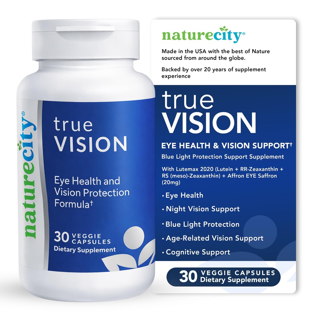 NatureCity True-Vision Eye Health Supplement - 高効力サフラン20mgの植物ベースのルテインとゼアキサンチン - ブルーライト保護、サポートセントラルとナイトビジョン(30ベジーカプセル)