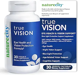NatureCity True-Vision Eye Health Supplement - 高効力サフラン20mgの植物ベースのルテインとゼアキサンチン - ブルーライト保護、サポートセントラルとナイトビジョン(30ベジーカプセル)