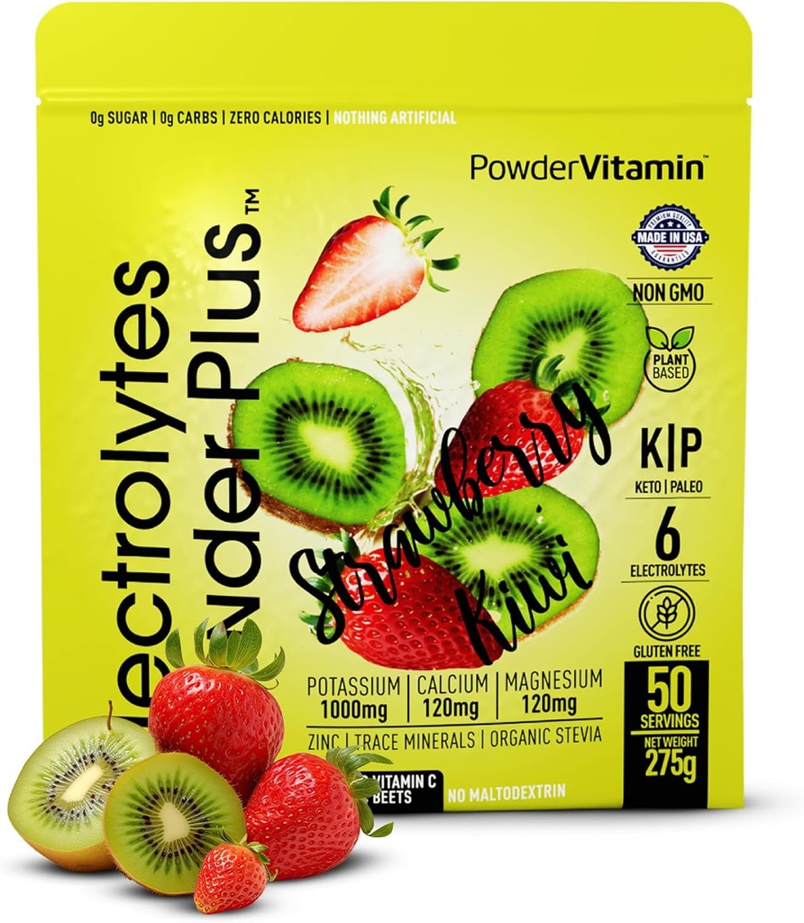 電解液の粉のプラス(50のサービング)、0 Calorie Keto、0砂糖、Maltodextrin、1000mgのカリウム、120mgのカルシウム、120mgマグネシウム、水和の粉(50のサービング、いちごのキウイ)無し