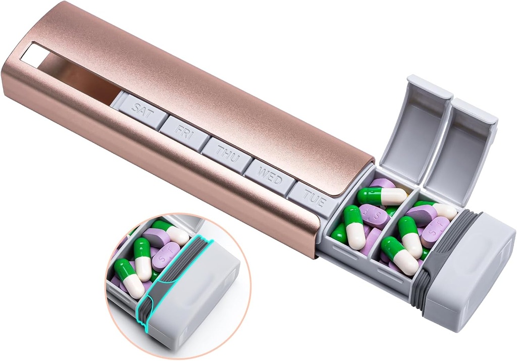 Davikyメタルトラベルピルオーガナイザー、プレミアムアルミピルボックス7日、週刊デイリーピルケース、薬、サプリメント、ビタミン(ピンク+グレー)のためのStylish&Cuteピルホルダー
