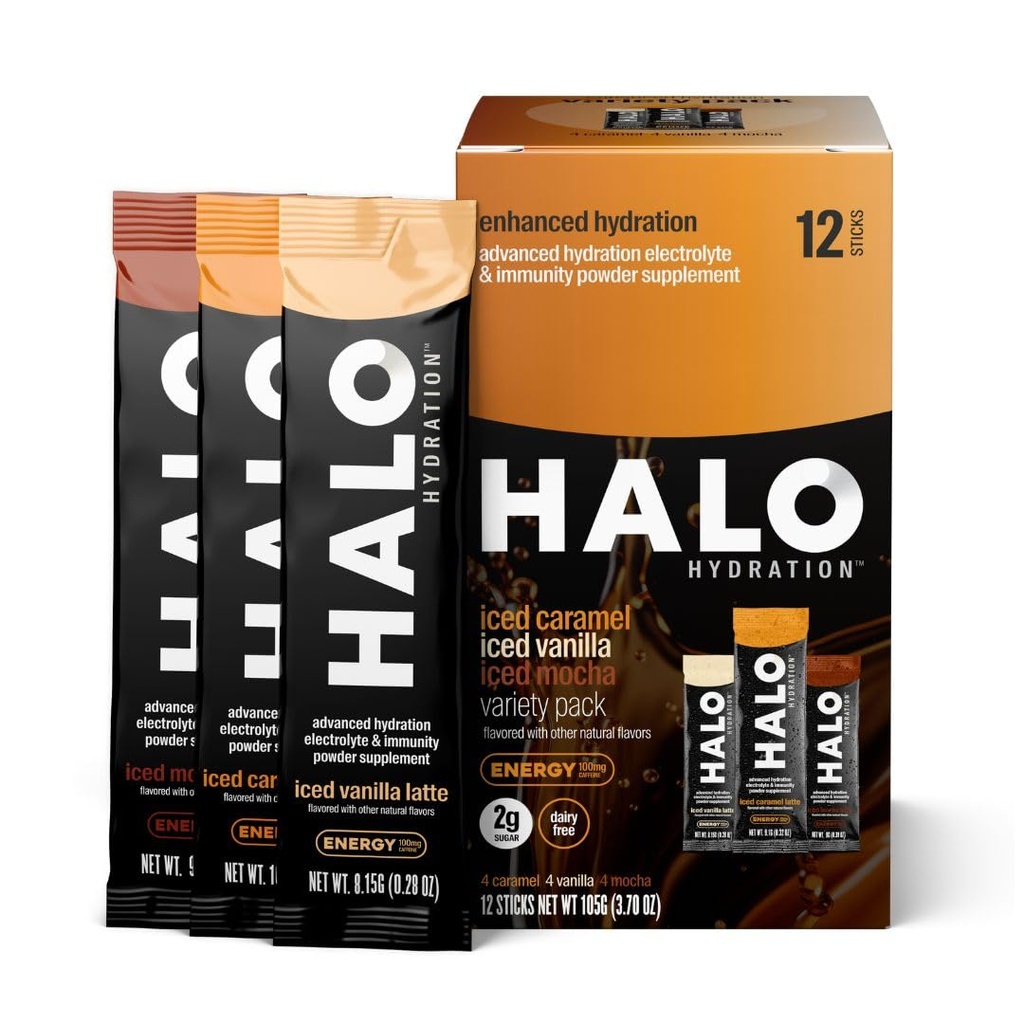 HALO Hydration – 電解液エナジードリンクミックス | 水分補給パウダーパケット | バラエティパック(キャラメル、バニラ、モチャラテ)、ヘルシーなコーヒー | イージーオープン シングルサービングスティック | 12スティック