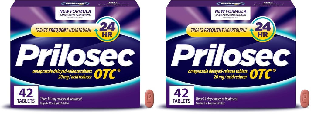 Prilosec OTC, Omeprazole Delayed Release, Acid Reducer, Treats Frequent Heartburn for 24 Hour Relief, 1 Doctor Recommended Brand, 42 Count (Pack of 2)