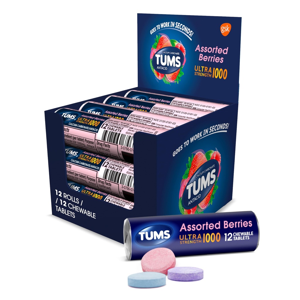 TUMS Ultra Strength Antacid Tablets for Chewable Heartburn Relief and Acid Indigestion Relief, Assorted Berries - 12 Pack of 12 Count Rolls