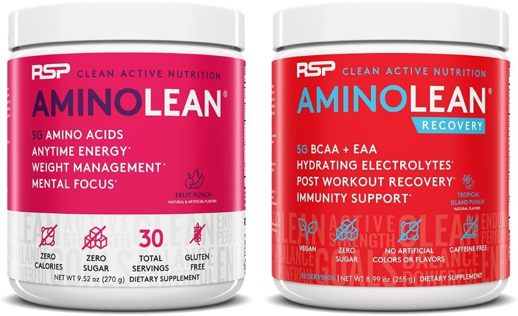 RSP NUTRITION AminoLean Pre Workout Energy (Fruit Punch 30 サービング) with AminoLean Recovery Post Workout Boost (Tropical Island Punch 30 サービング)