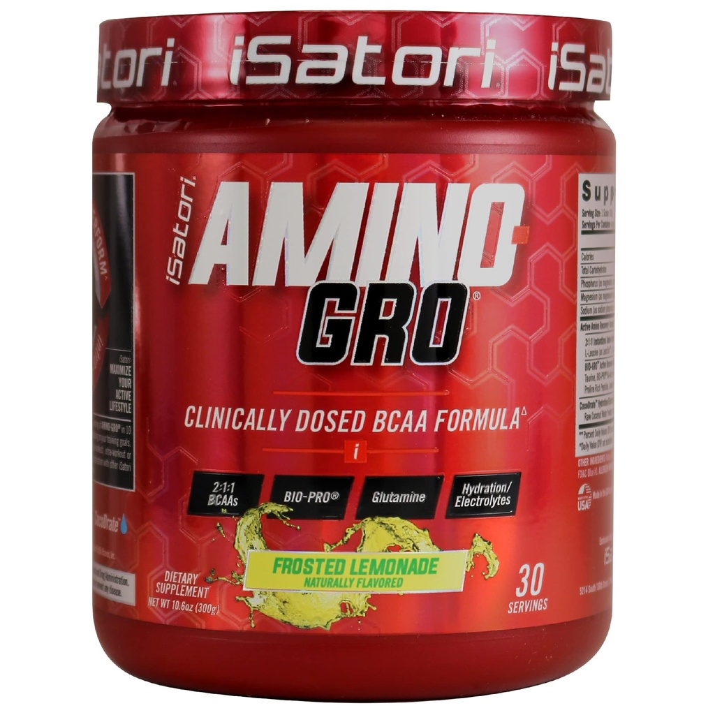 iSatoriのAmino-GRO BCAAの粉、グルタミン、電解質の粉及び筋肉成長及びポストのワークアウトの回復のための生物活動的なペプチッド、曇らされたLemonade (30のサービング)が付いている分岐させた鎖のアミノ酸