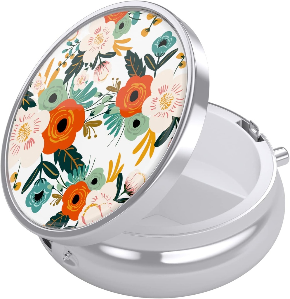 Nipichshaの丸薬箱、財布のための小さい丸薬箱及びポケット、かわいい旅行薬のオルガナイザー、ビタミン、薬、魚油及び補足、白い花を握る携帯用薬の容器のホールダー