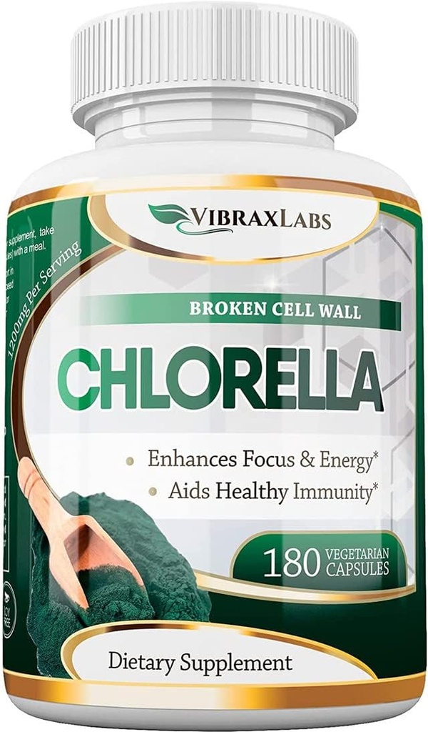 VibraxLabs Chlorella カプセル – 壊れた細胞壁 600 mg Veggie Pills (1200 mg のサービング) - 自然解毒のための蛋白質の粉の補足、Spirulina、米国で作られた後味無しとベスト