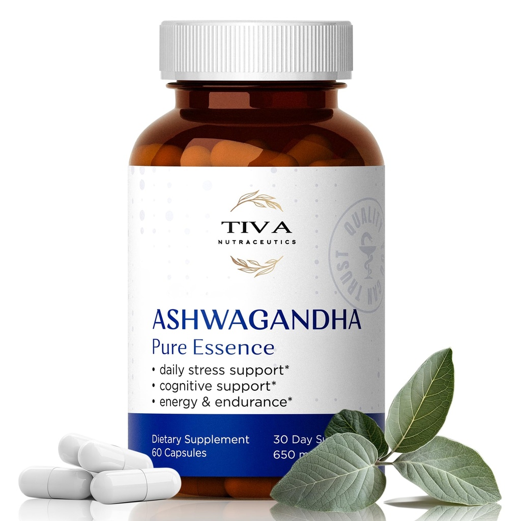 TIVA Ashwagandha カプセル 650 mg ブラックペッパーエキス – ストレスのための自然なサポート, 代謝, 免疫機能 & 気分 – ビーガン, 非GMO, ラボテスト – 60 ハーブカプセル