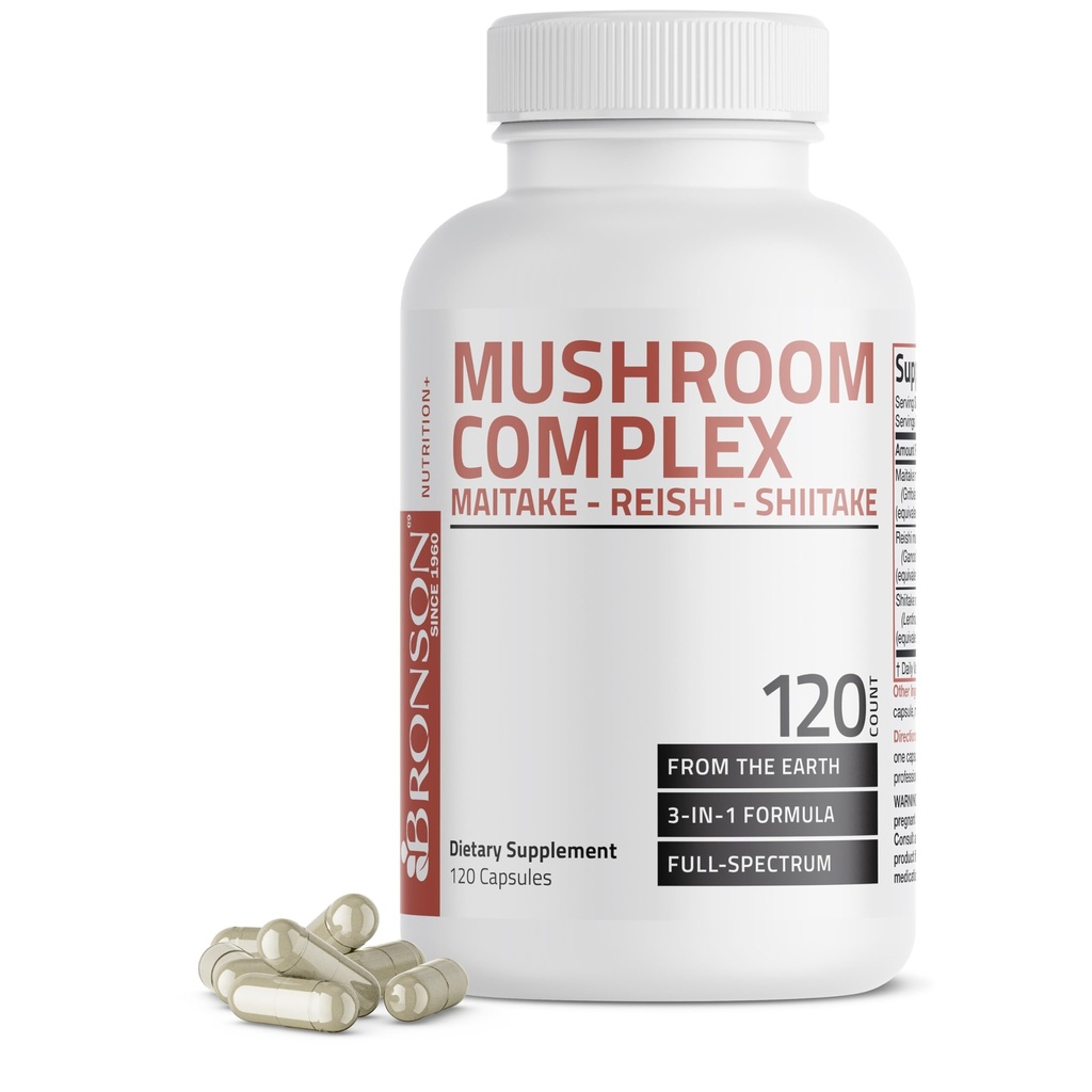ブロンソントリプルマッシュルーム - Maitake - Reishi - Shiitake - 強力な抗酸化物質と免疫システムブースター - フルスペクトラムマッシュルーム - 600 mgカプセル - 120カウント