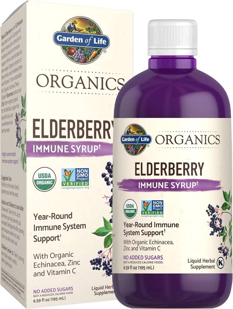 ライフオーガニック植物の庭は、Elderberry Immune Syrup 6.59 floz (195 mL) for Kids & Adult - Sambucus、Echinacea、亜鉛&ビタミンC、0g Sugar、有機ビーガングルテンフリーハーブサプリメント