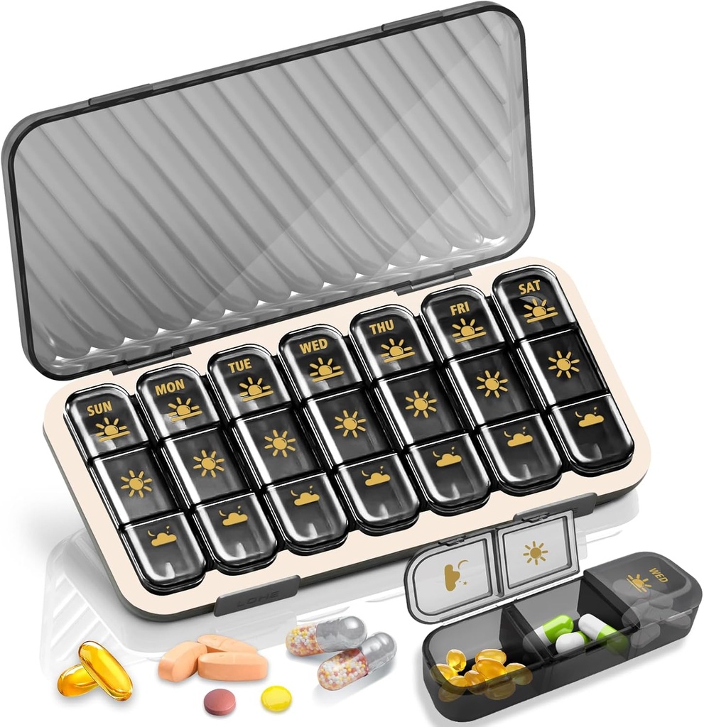 週刊Pillのオルガナイザー3日、GloDealsの大きい旅行Pill箱7日、Am Pmの取り外し可能な薬の容器、ビタミンのための丸薬のホールダー、補足、魚油、黒