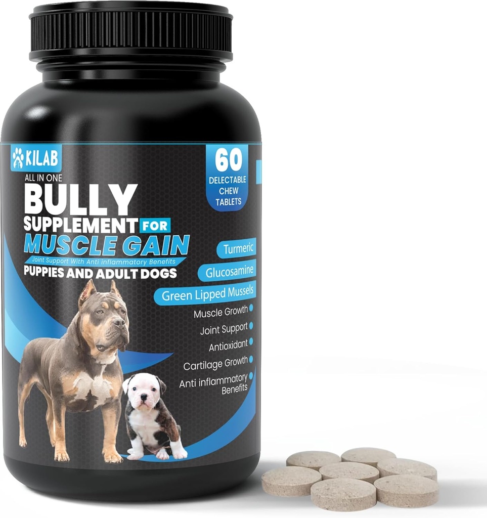 Kilab Dog Weight Gainer – 60-Count Muscle Builder Dog Supplement – Muscle Growth Supplement for Dogs, Puppies and Adults – Bully Growth Formula with Turmeric, Glucosamine, Green Lipped Mussels