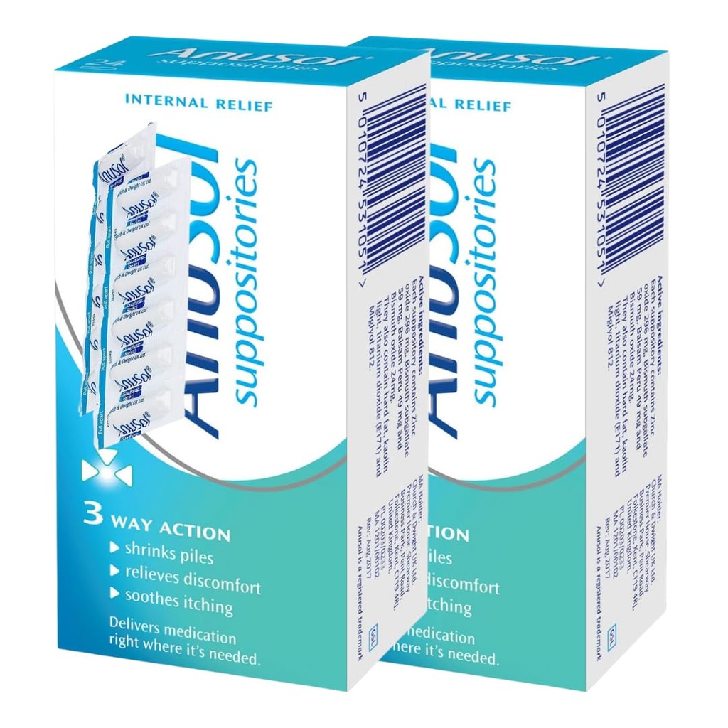 ANUS0L Haemorrhoids Piles Treatment | 24 Suppositories | 2 Pack, 48 Total