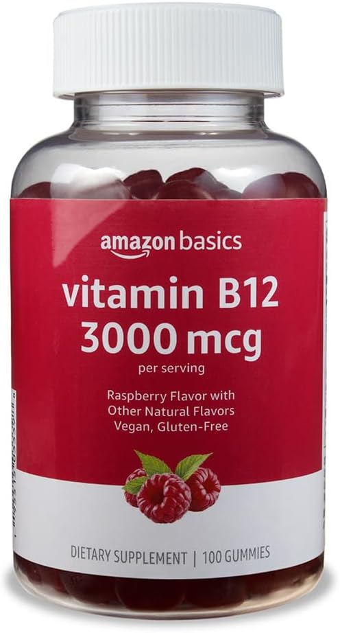   Basics Vitamin B12 3000 mcg Gummies, Normal Energy Production and Metabolism, Immune System Support, Raspberry, 200 Count (2 Packs of 100), 2 per serving