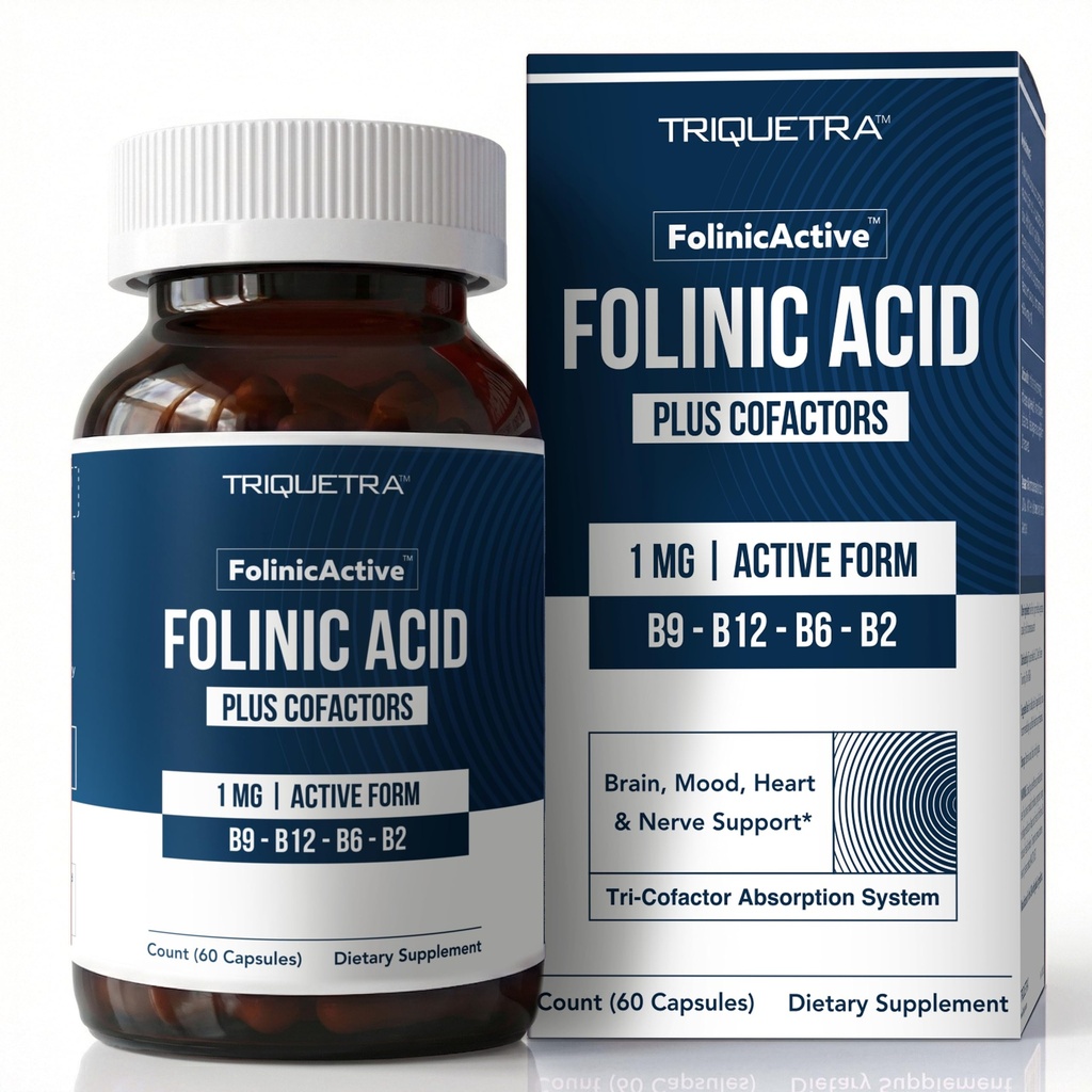 FolinicActive™ - Folinic Acid 1700 mcg Folate Supplement with Methylcobalamin B12, P-5-P B6 and Riboflavin B2 - Tri-Cofactor Absorption System for Brain, Heart, Nerve & Mood Support, 60 vegan capsules