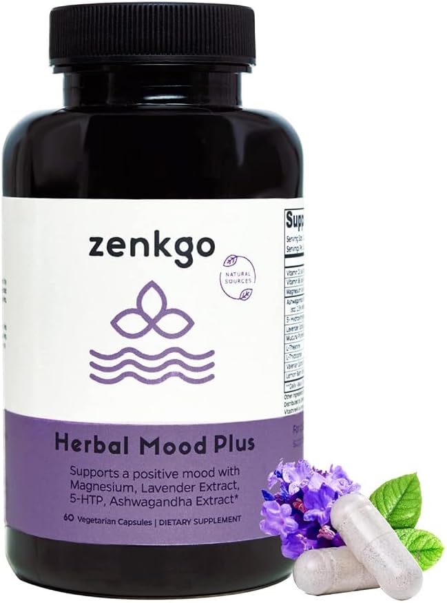 Zenkgo Ashwagandha、5-HTP、Lavender、Mucuna、L-tryptophan - Moodサポートサプリメント、植物ベースのHerbal Mood Plusは、カルムマインド&ストレス救済、感情の障害、有益性(60Ct/30Day)を支援