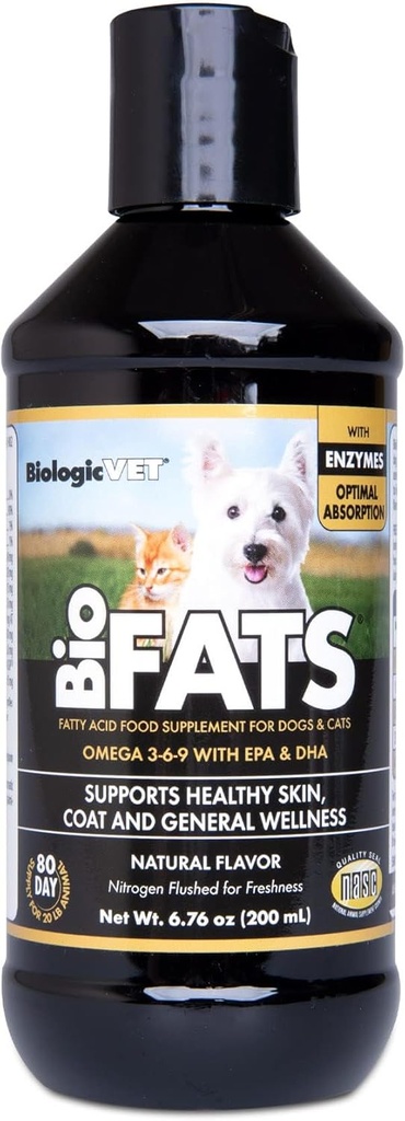BiologicVET BioFATS - Omegas 3、6、9 - EPA、DHA、ALA - 犬と猫のための - 皮膚と関節の健康サポート - 魚、亜麻仁、オリーブオイル - 6.76 flが含まれています。 oz。