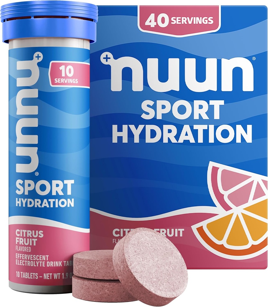 Nuunのスポーツはマグネシウム、カルシウム、カリウム、塩化物及びナトリウム、グルテンフリー及びビーガン、柑橘類のフルーツ、4つのパック(40のサービングの合計)が付いている電解質を錠剤にします