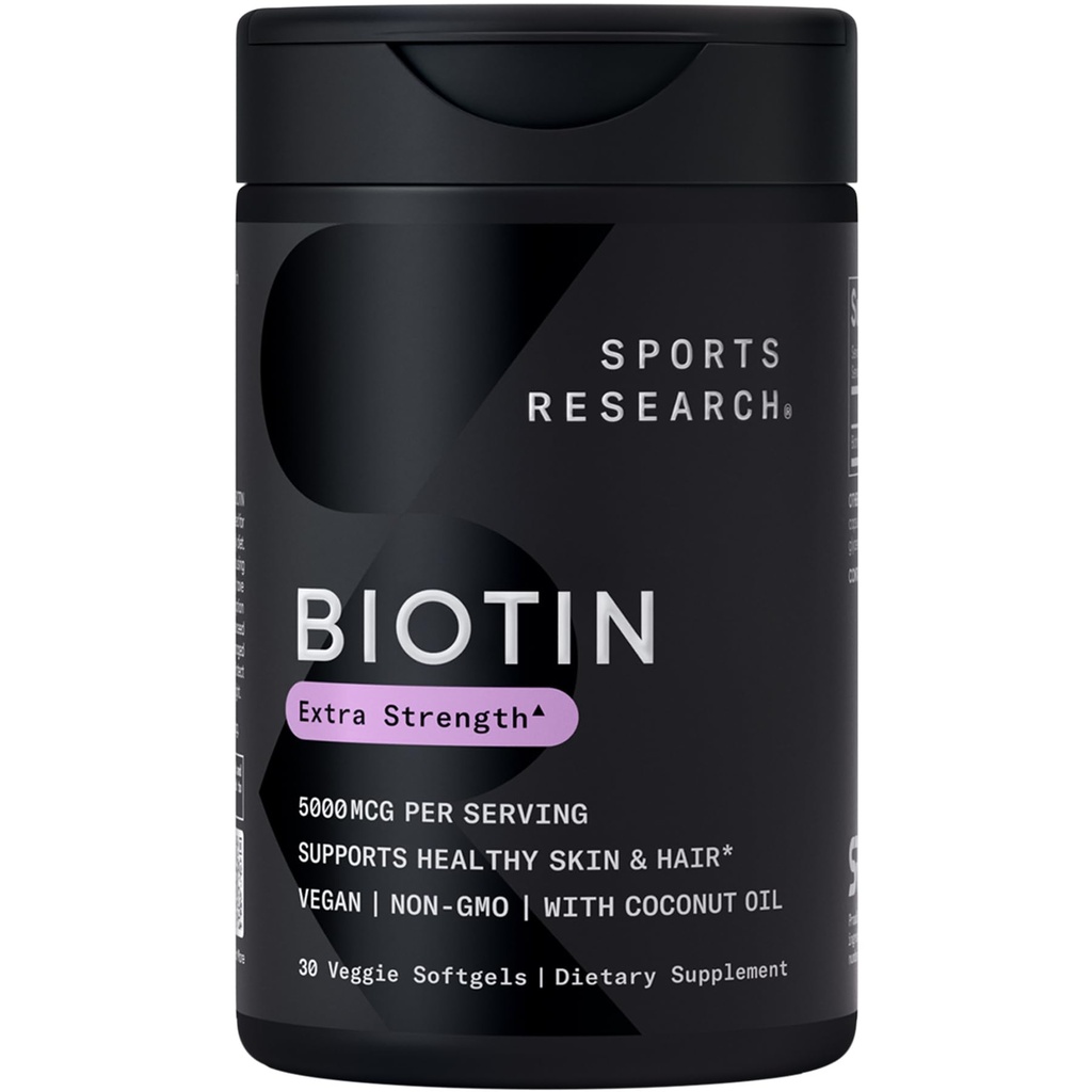 スポーツリサーチ® ビオチン 5,000mcg オーガニックココナッツオイル - ビオチン(ビタミンB7) ヘルシー肌と髪のサポート* - ヴィーガン、非GMO、グルテンフリー - 30 Veggie Softgels