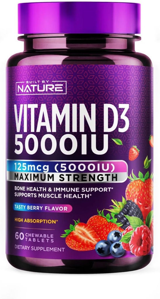 Nature ChewableビタミンD3 5000 IUによって造られる-ビタミンDの補足の咀嚼-砂糖の自由な及び自然な果実味- 60のタブレット