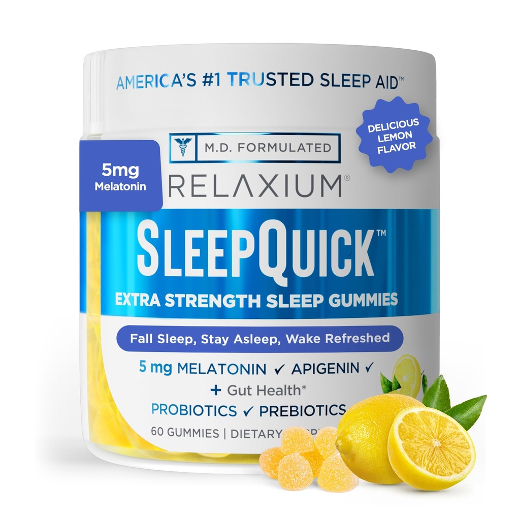 リラクリウム睡眠クイックガミー、睡眠補助金サポート、5mgメラトニン、ビタミンD-3、プレバイオティック&プロバイオティックブレンド、グルテンフリー、レモン風味、60ガミー
