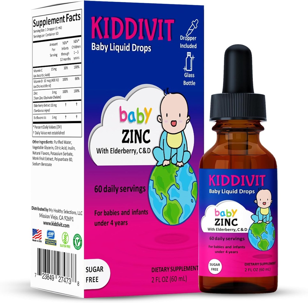 Kiddivit Baby Zinc Liquid Drops with Elderberry, Vitamin D3 & C – Gentle Immune Support Supplement – 60 Daily Servings, Inulin Fortified Prebiotic Fiber – Sugar Free, Gluten Free, Vegetarian, 2oz