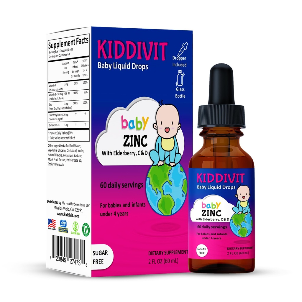 Kiddivitベビー亜鉛液体は、エルダーベリー、ビタミンD3&Cで低下します - Gentle Immuneサポートサプリメント - 60デイリーサービング、インリン強化プレバイオティクスファイバー - 砂糖フリー、グルテンフリー、ベジタリアン、2oz