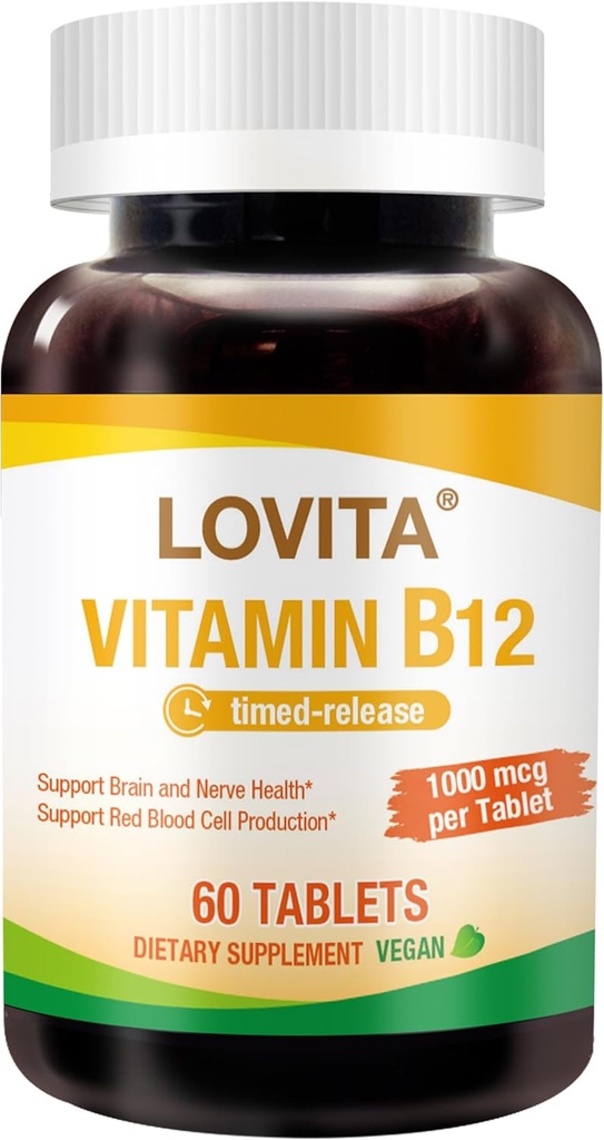 Lovita Vitamin B12 1000 mcg (B12 Vitamins as Cyanocobalamin), Timed Release B12, Vegan-Friendly, Supports Nervous System, 60 Vegetarian Tablets (2 Month Supply)