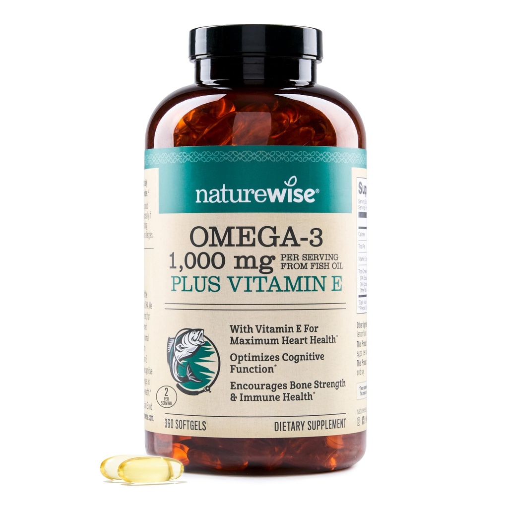NatureWise Extra-Strength Omega 3フィッシュオイルサプリメント - サービングあたり1000mg - 600 EPA&400 DHAとビタミンE - ハート&脳の健康のためのサポート - レモンフレーバー、GMOフリー - 360Softgels[6ヶ月の供給]