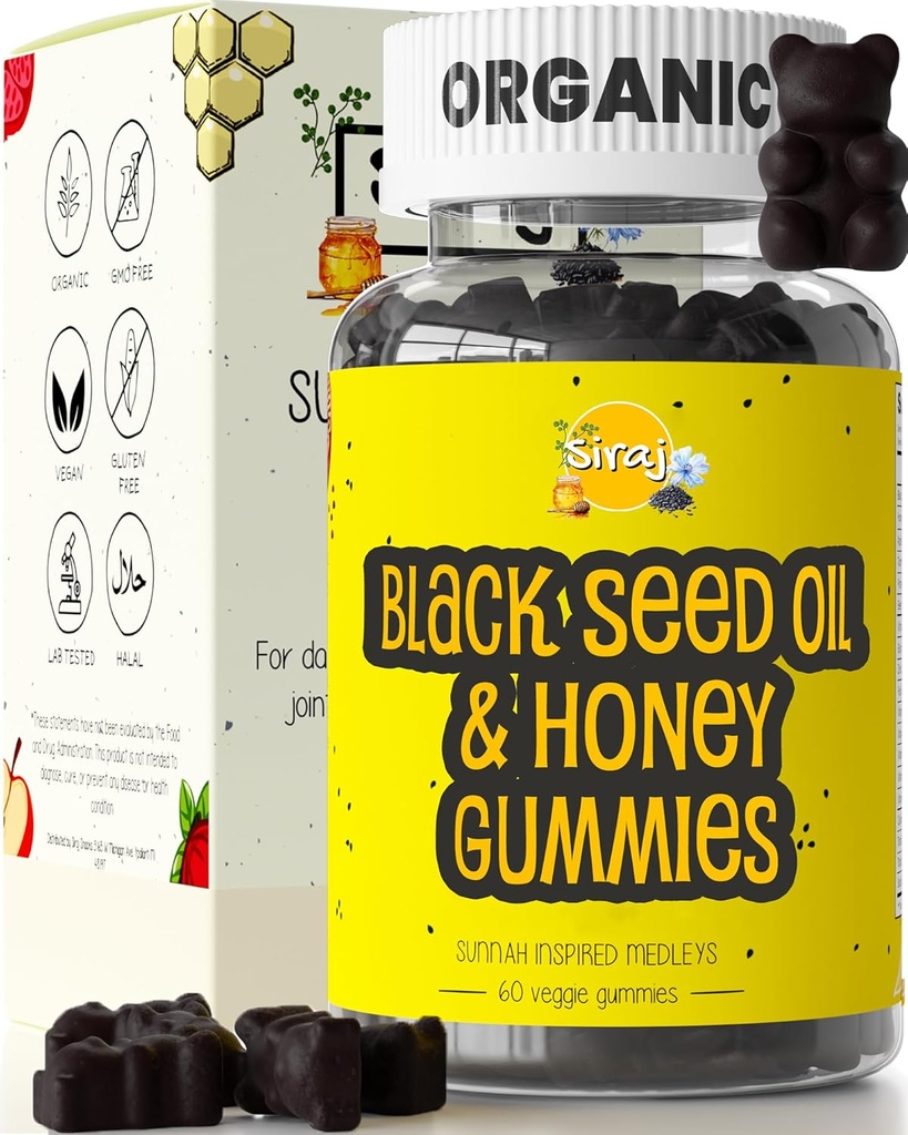 Sirajの有機性黒い種のオイルのガミーw/Honey及び15% Thymoquinoneの 免疫サポート、圧力救助のガミーのビタミンのためのMultivitamin ターメリック、Appleのサイダーのヴィンガー、Multivitaminのガミー
