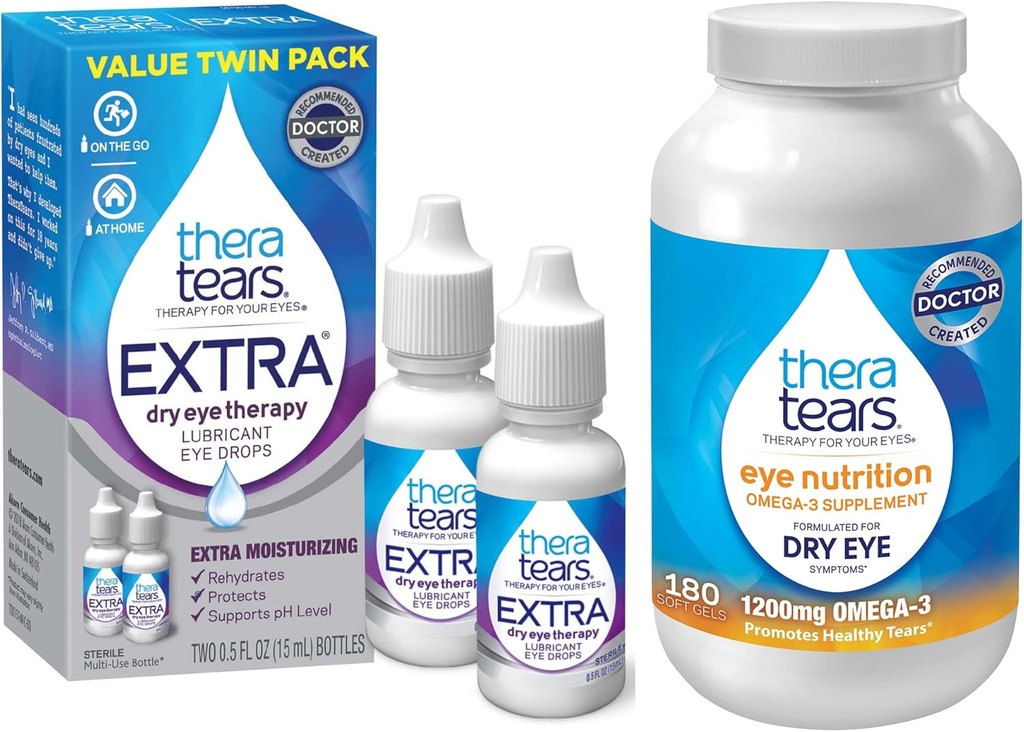TheraTears 1200mg Omega 3 サプリメント 目栄養、有機亜麻仁トリグリセリドフィッシュオイルとビタミンE、Thera Tearsアイドロップス ドライアイ、0.5 Fl Oz、15 Ml、2 パック