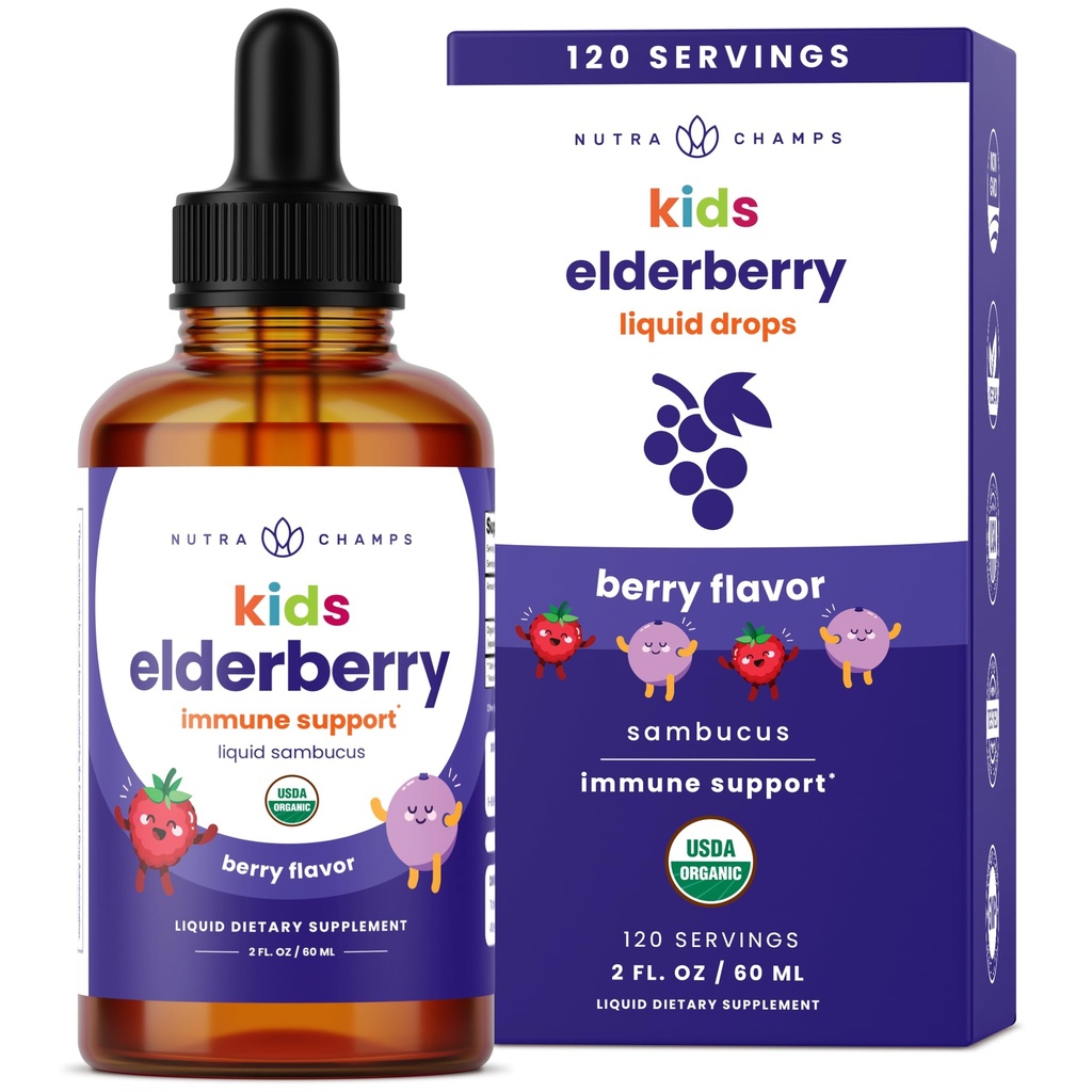 NutraChampsの子供の液体の低下、10:1のエキスのSambucusのElderberryのシロップ、砂糖なしのヨーロッパのElderberryの低下の果実味、免疫サポート、4か月の供給