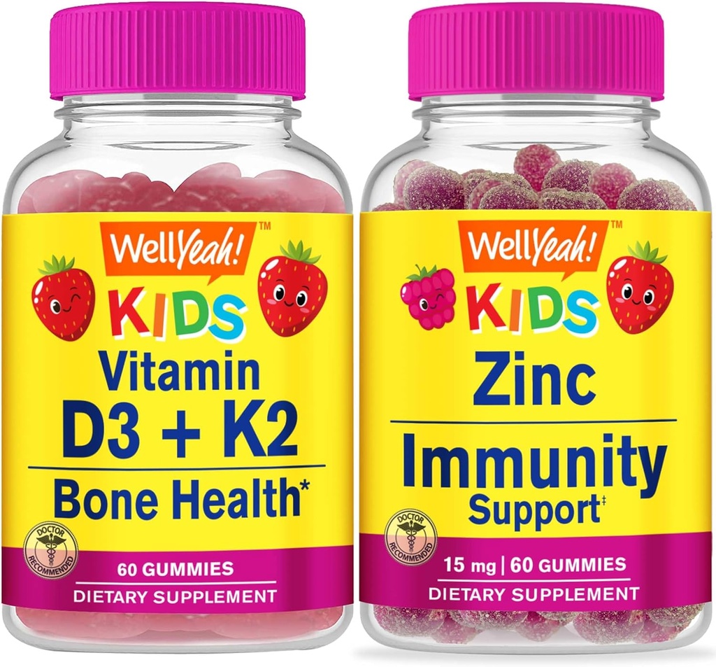 WellYeahビタミンD3 + K2キッズ+亜鉛キッズ15mg、グミーバンドル - 偉大なテイスティング、ビタミンサプリメント、グルテンフリー、GMOフリー、Chewable Gummy