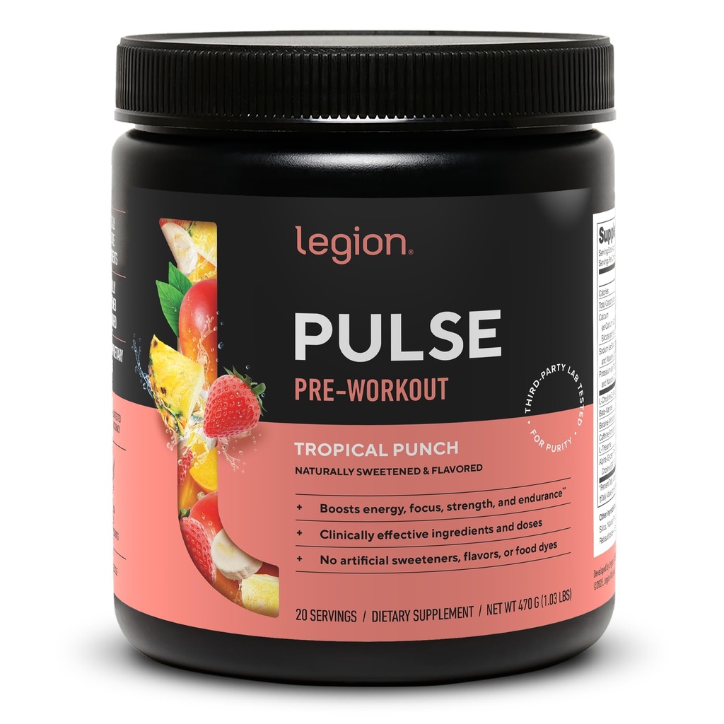 LEGION Pulse Pre Workout - All Natural Nitric Oxide Preworkout Drink to Boost Energy, Creatine Free, Naturally Sweetened, Beta Alanine, Citrulline, Alpha GPC (Tropical Punch)