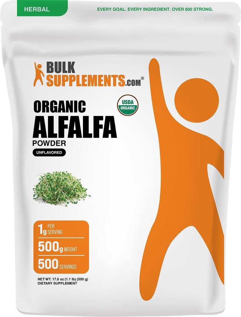 BulkSupplements.comオーガニックアルファグラスパウダー - Alfalfaサプリメント、グリーンスーパーフードパウダー - ビーガン&グルテンフリー、サービングあたり5g、500g(1.1ポンド)(パッケージ1)