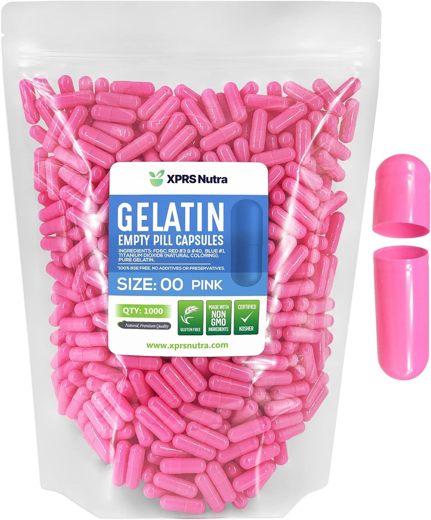 XPRSのNutraのサイズ00の空のカプセル- 1000の計算の空のゼラチンのカプセル-Pills DIYのカプセルの詰物-Do-It-Yourselfの補足のための満たされた丸薬のゲルの帽子(ピンク)