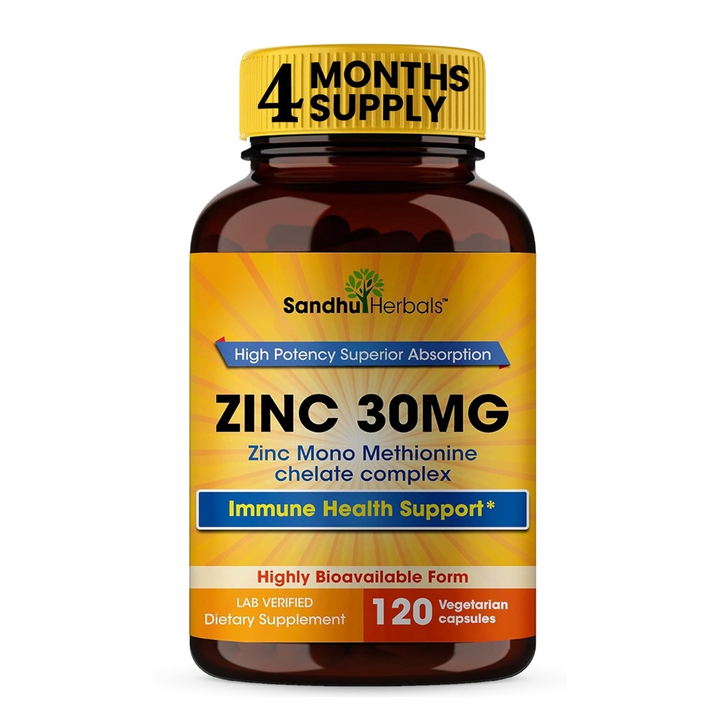 SANDHUHERBALS 亜鉛 30mg カプセル男性と女性 | 120 カウント(パッケージ1) | 免疫・抗酸化対応亜鉛サプリメント | ピンク 30mg サプリメントは肌の健康をサポートします