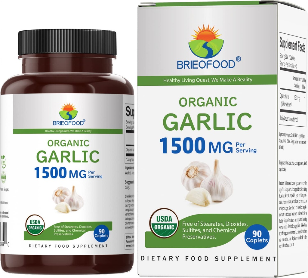 Brieofoodオーガニックガーリック1500mg、45サービング、ベジタリアン、グルテンフリー、90ベジタリアンタブレット