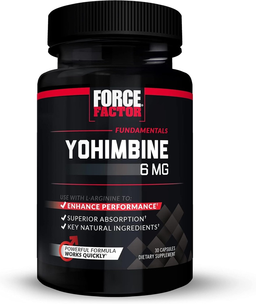 Force Factor Yohimbine Supplement for Men, Yohimbe Bark Extract with Superior Absorption to Enhance Performance, 6mg Yohimbine Bark Pills with Key Natural Ingredients, Works Fast, 30 Capsules